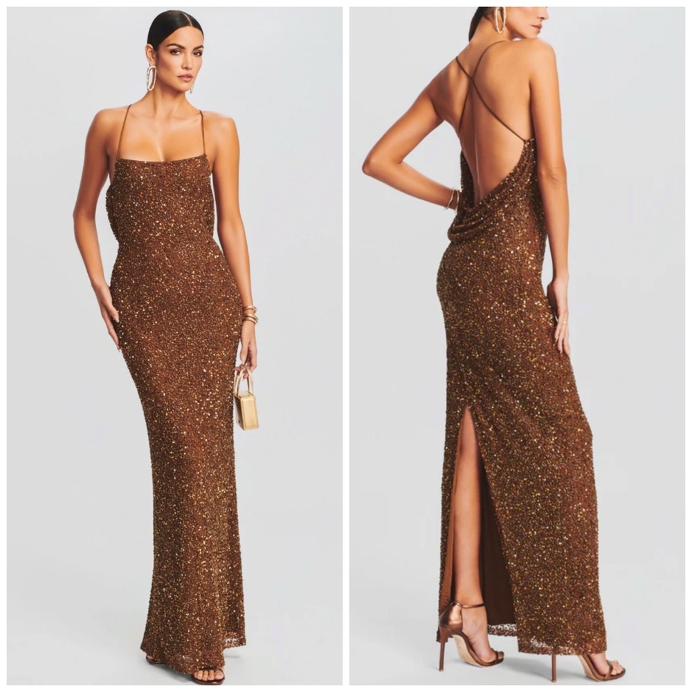 Retrofete Alice Sequin Maxi Gown Dress Amber Brown Size Small Formal Eveninf